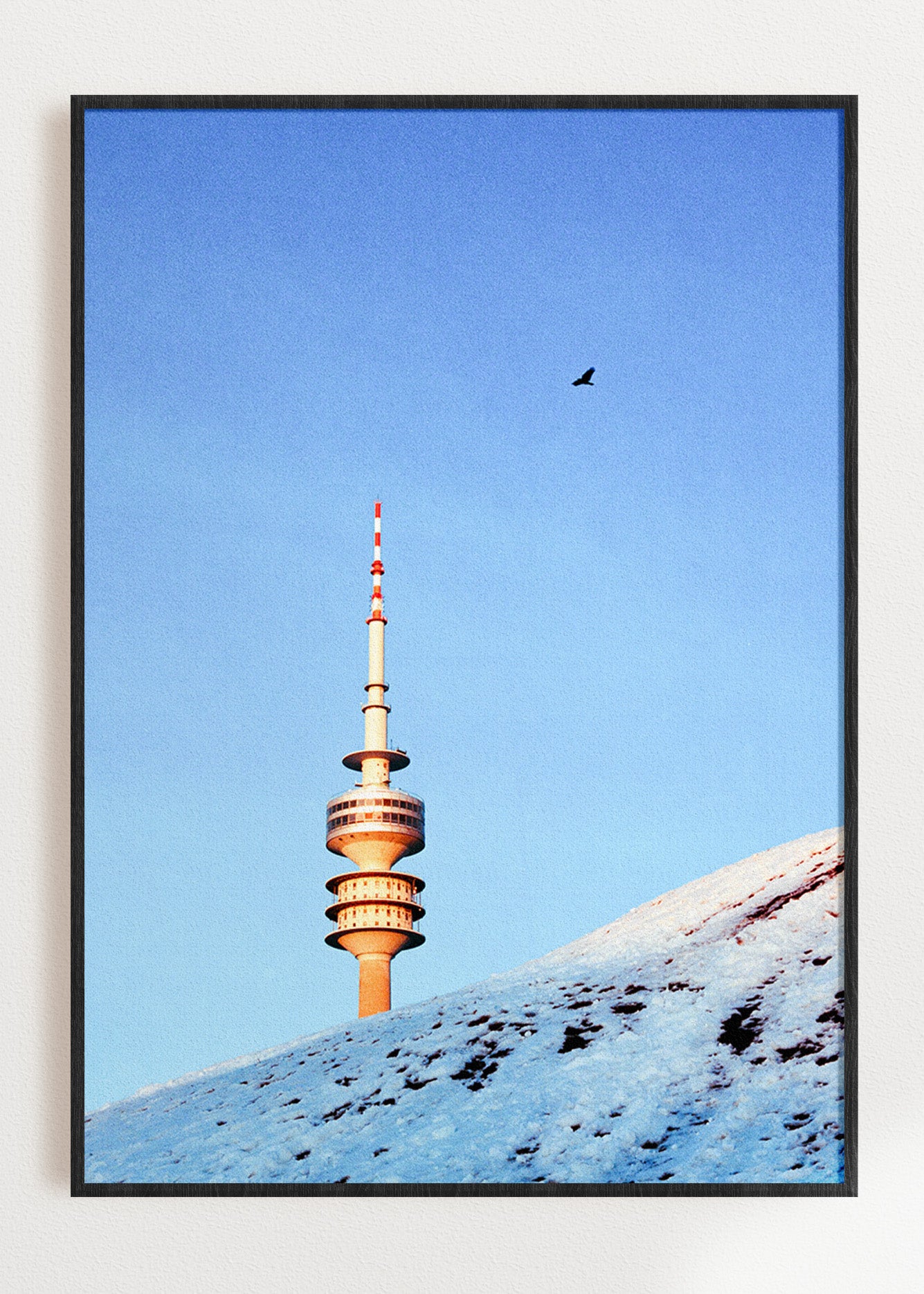 Gerahmter Kunstdruck "Olympiaturm, Vogel, Schnee"
