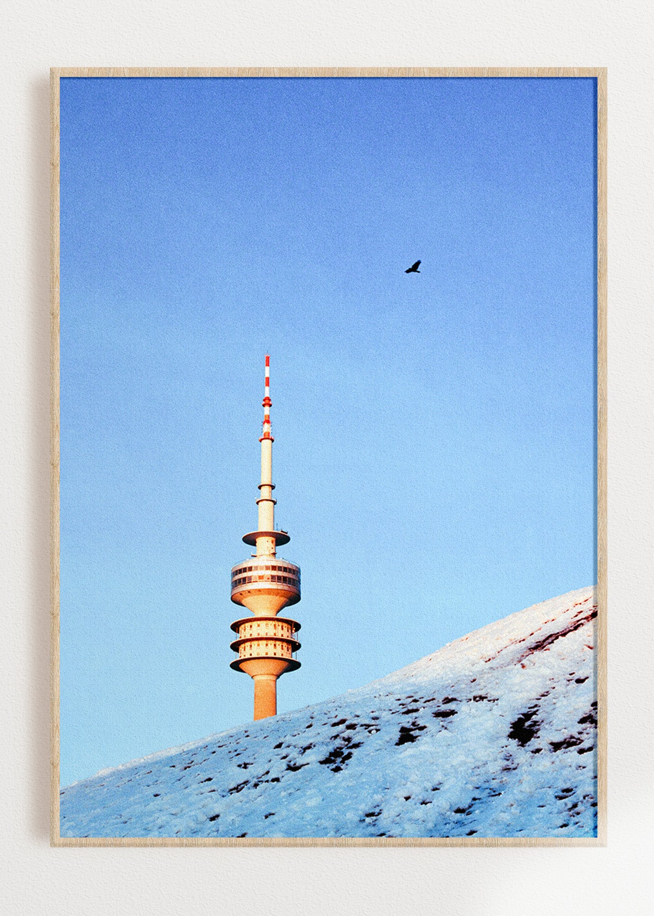 Gerahmter Kunstdruck "Olympiaturm, Vogel, Schnee"