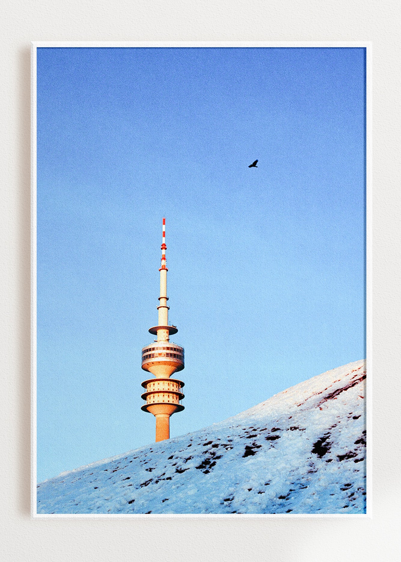Gerahmter Kunstdruck "Olympiaturm, Vogel, Schnee"