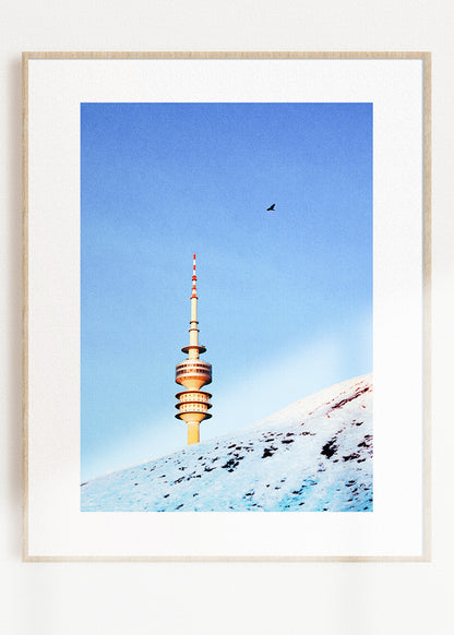 Gerahmter Kunstdruck "Olympiaturm, Vogel, Schnee"