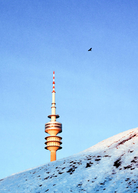 Gerahmter Kunstdruck "Olympiaturm, Vogel, Schnee"
